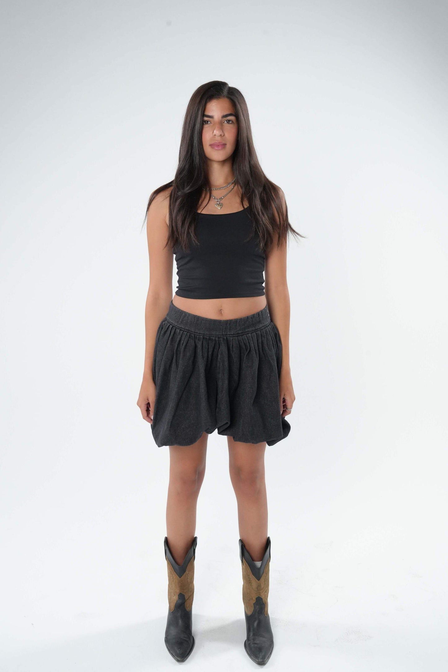 Denim Puffer Skirt - Black