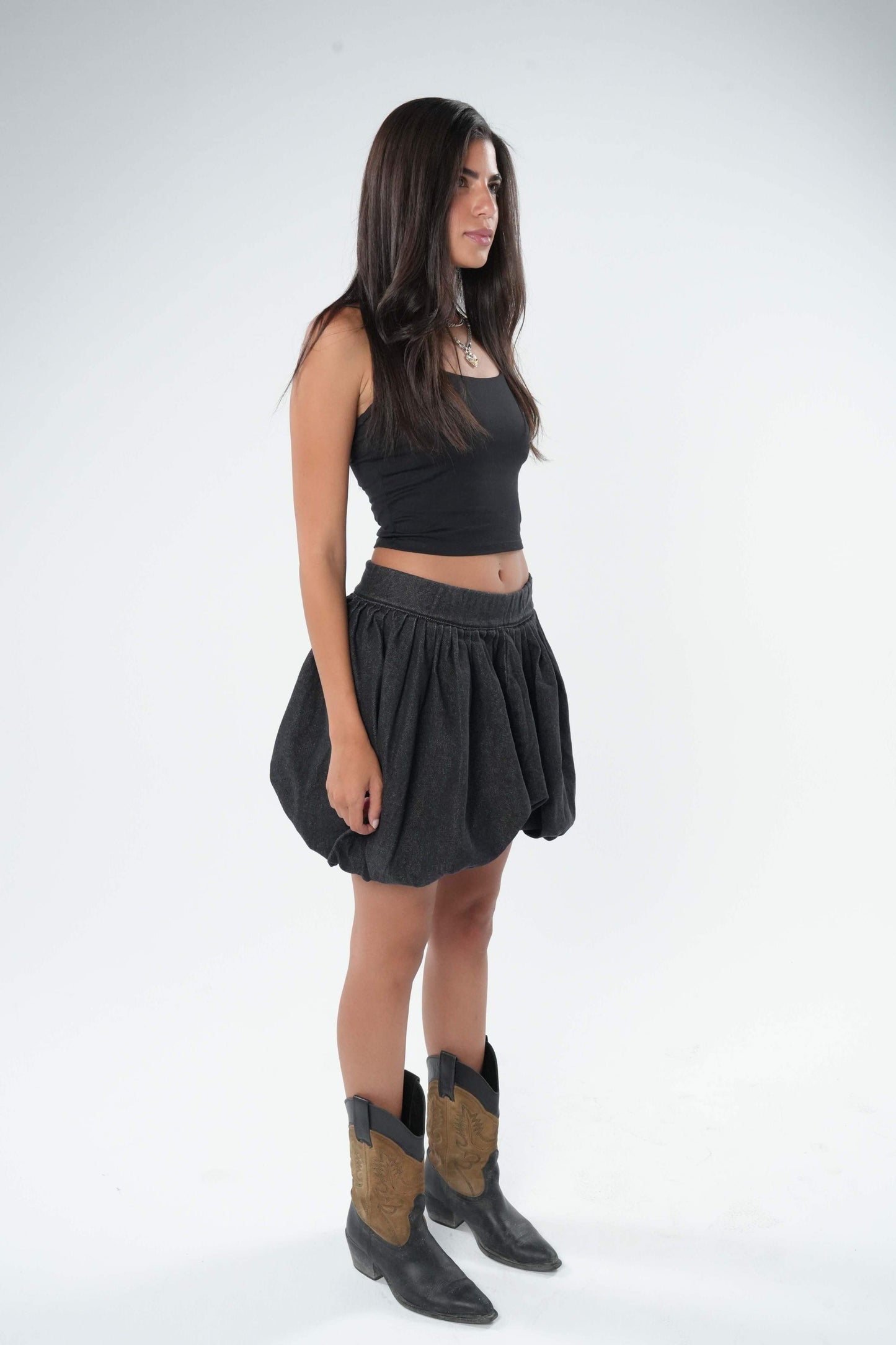 Denim Puffer Skirt - Black